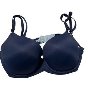 PINK navy blue lightly lined padded bra with gold logo. 34C